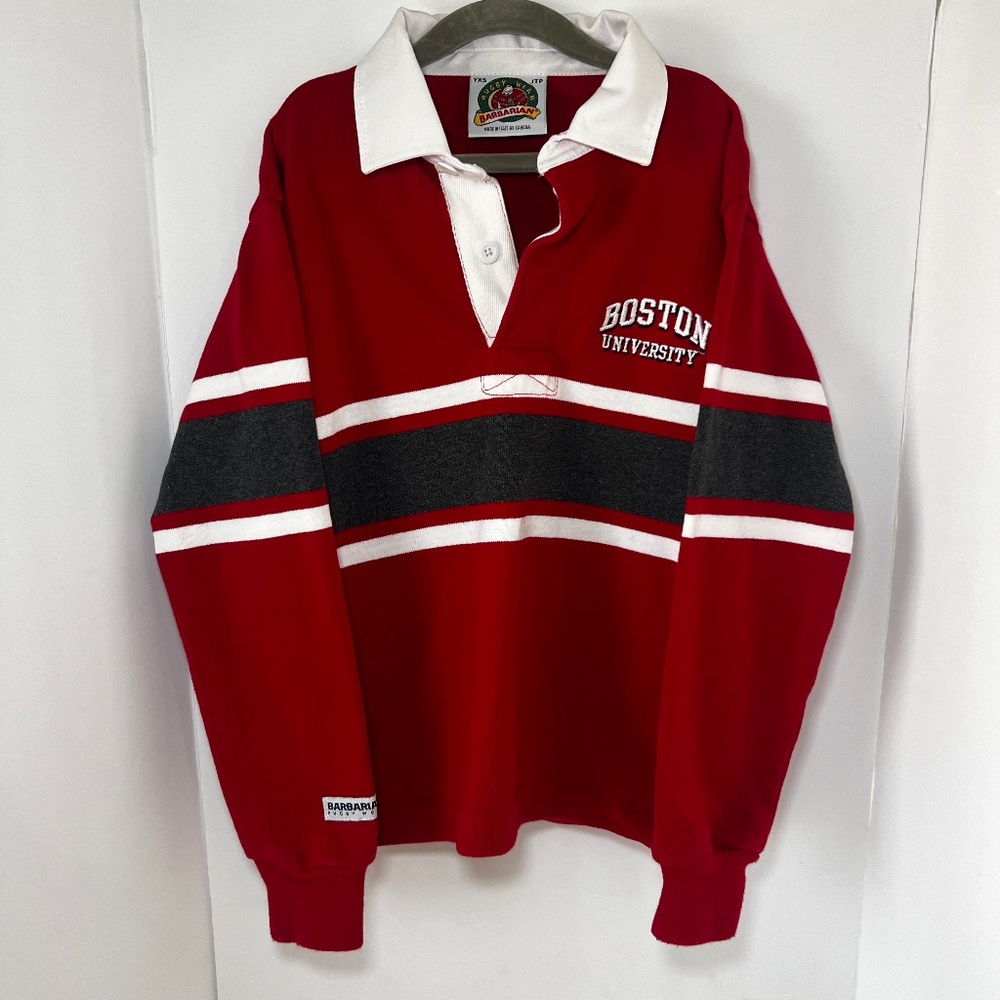 Vintage 90s Barbarian Youth XS Boston University Red Rugby Jersey Preppy Sporty